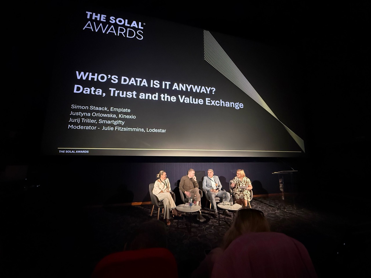 Panel titled Who’s Data Is It Anyway? Data, Trust and the Value Exchange at The Solal Awards, with Jurij Triller and fellow speakers on stage.